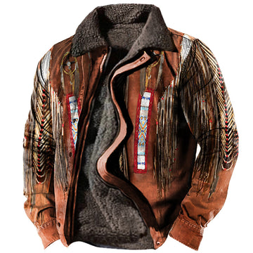 Men's Vintage American Flag Print Lining Plus Fleece Coat Outdoor Tactical Jacket